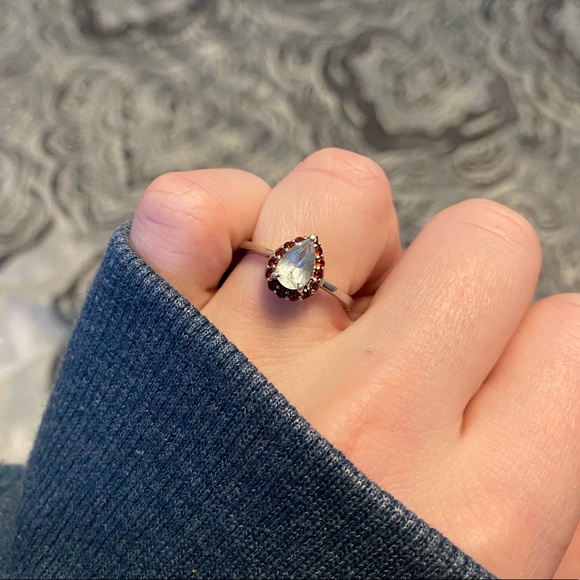 *Sold* Pear Shaped Garnet Halo Aquamarine Ring - Picture 2 of 8